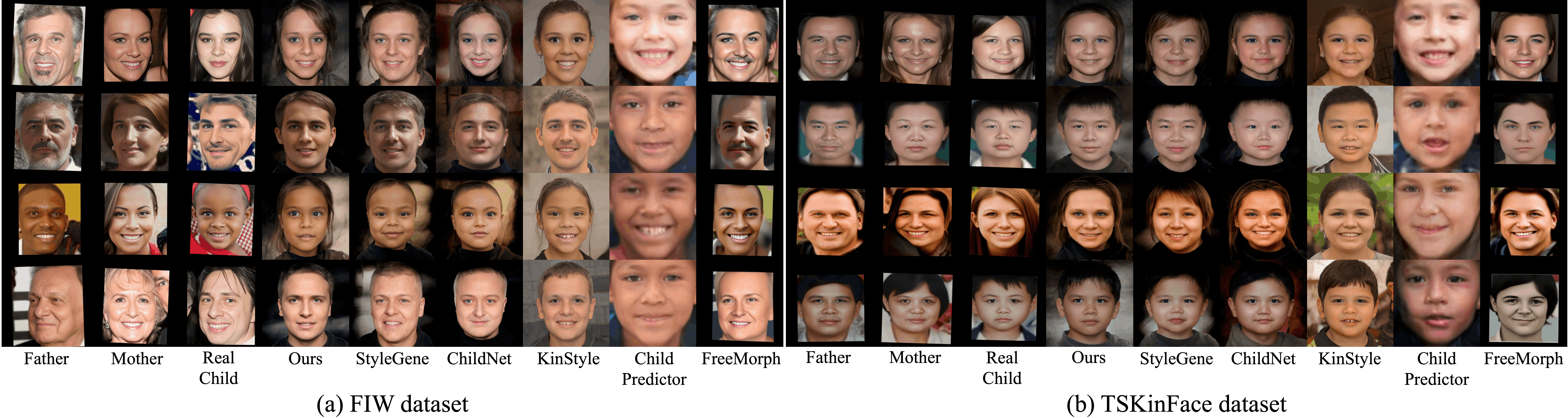 Qualitative comparison of synthesized child faces on FIW and TSKinFace
